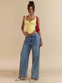 SHEIN BAE White Eyelet Embroidery Bodysuit Cami Top, Summer Ladies Camisole Bra - Yellow - View 6