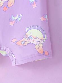 Pop Mart Azura X SHEIN Baby Girl Cartoon Pattern Dreamy & Cute Kid-Inspired Purple Short Sleeve Romper