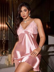 SilkySpell 女式加大码蕾丝深 V 领露背修身吊带裙 - 粉色 - 查看 2