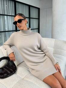 SHEIN Clasi Turtleneck Batwing Sleeve Jumper Dress - Apricot - View 4