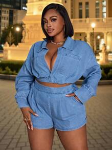 Slaydiva 大码女式浅蓝色牛仔短款上衣，弹性后背，性感长袖牛仔衬衫