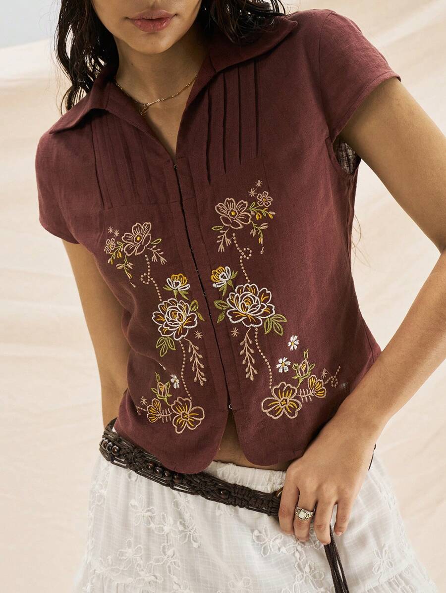 Easelle 女式刺绣修身棕色衬衫，波西米亚风格夏季 - 棕色 - 查看 1