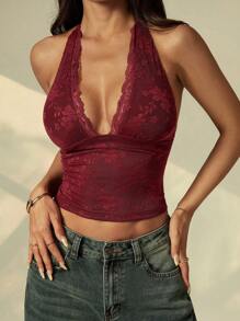 SHEIN PETITE Women Floral Lace V-Neck Cropped Cami, Sexy Fitted