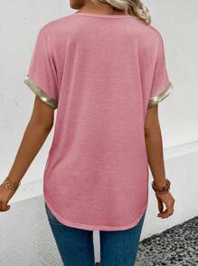 SHEIN VCAY 女士V领短袖拼接PU皮革休闲时尚T恤，春夏 - 粉色 - 查看 2