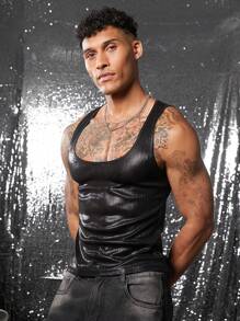 FeverCity Men's Crew Neck, Tight Fit, Ribbed Side Trim Top Tank Top - Black - View 1