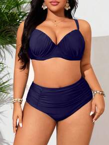 Swim Lushoire 大码女式新款纯色钢圈间隙三角形两件套泳衣，配有可调节肩带，高腰褶皱前开襟泳衣上衣和下装，修身、优雅、时尚、休闲、沙滩和游泳