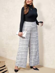 SHEIN Clasi Kích thước lớn Kẻ sọc Quần ống rộng - Đen và trắng - Xem 3