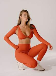 Aralina 休闲装粉红色紧身活动作物耸肩 - 橘紅 - 查看 9