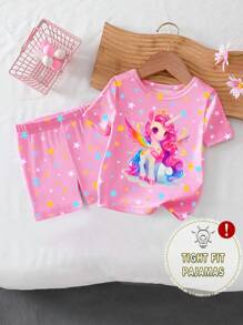 Bộ đồ ngủ cho bé gái - Họa tiết kỳ lân phát sáng trong bóng tối màu hồng, áo thun tay ngắn và quần short vải co giãn cao thời trang, đồ ngủ bó sát - Hồng - Xem 4