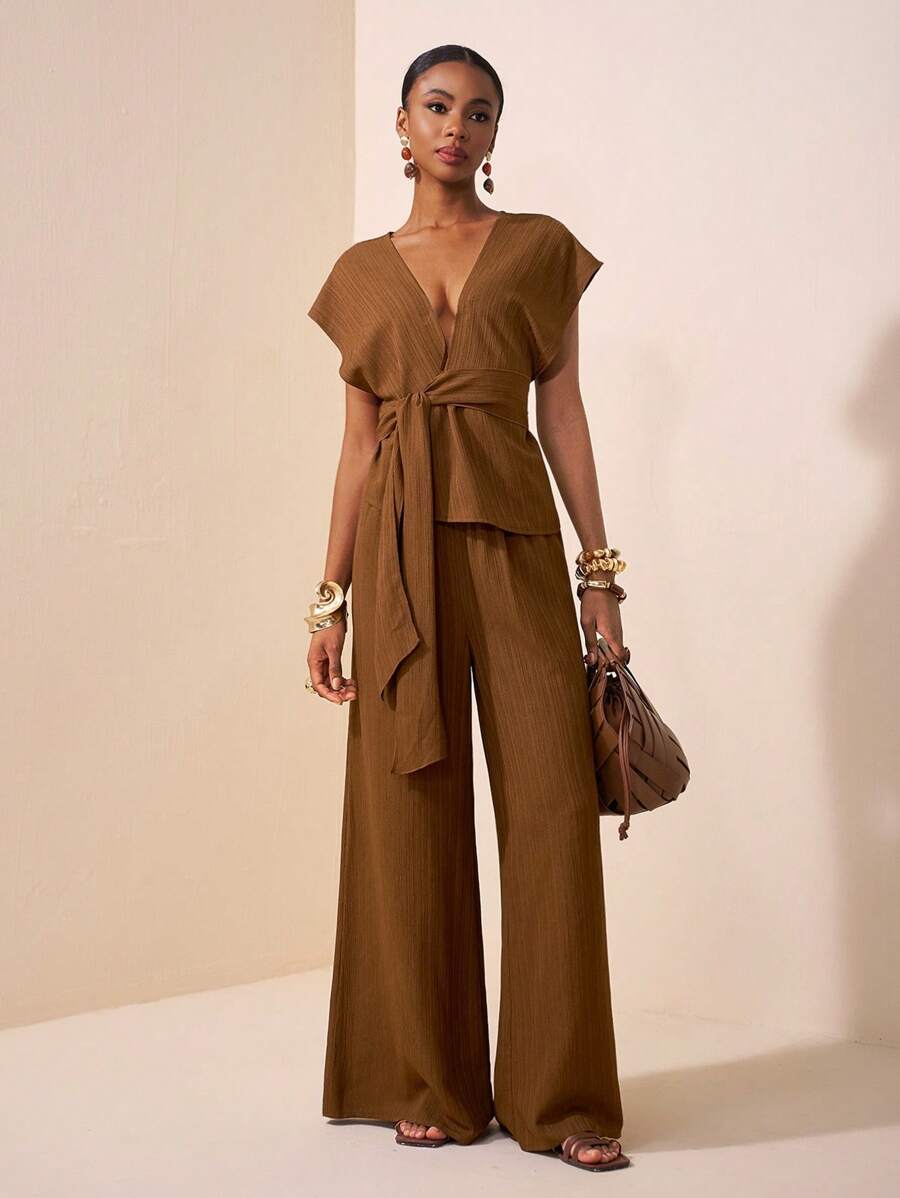 Zivah New Summer Leisure Elegant Vacation Daily Date Birthday Party Commuter Slouchy Feeling European And American Retro Deep V-Neck Sexy Cap Sleeve Raglan Sleeve Waist Bowknot Top + Wide Leg Pants Ultra-Long Pants Brown Textured Wrinkled Cloth Women's Two Pieces Set-A Elegant Two Pieces Set Brown Two Pieces Set Dressy Two Pieces Set Brown Two Pieces Set Women Women Brown Summer Set - Brown - View 1