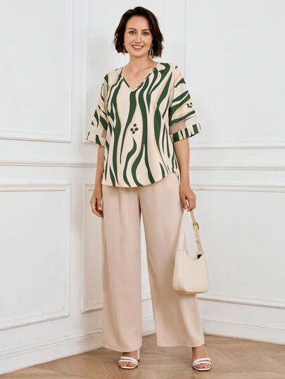 Miaspire Set de 2 piezas Blusa con cuello en V con estampado de cebra y pantalones anchos y sueltos de estilo informal para primavera/verano, atuendo de negocios para mujer, ropa de estilo campestre para mujer, ropa de otoño para salir, regalo del Día de la Madre