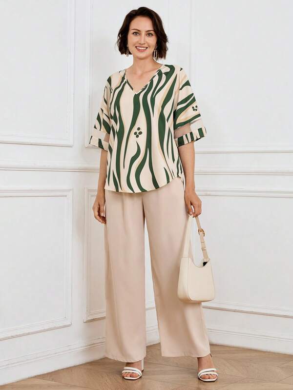 Miaspire 2pcs/Set Women Spring/Summer Casual Zebra Print V-Neck Blouse And Loose Wide-Leg Pants,Business Women Attire,Country Style Women's ClothingFall Women Clothes Going Out Outfits Mothers Day Outfit Gift For Mom