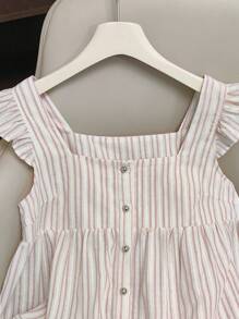 Jouncy New Stylish Striped Ruffled Sleeve Square Collar Casual Cap Sleeve Blouse For Women