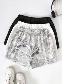 SHEIN Buy 1 Get 3 Free Teen Girls Sport & Casual Bare Tree Branch Print Monochrome Shorts Set