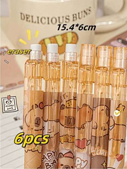 SHEIN 1pc/3pcs/6pcs/12pcs Capybara 可擦除按钮自动铅笔，（6支装）颜色款式随机，高品质创意学生文具笔，可爱可擦除自动铅笔，0.5mm 学生 2B 铅笔，无需削芯，可更换芯按钮自动芯，书写流畅，内置橡皮擦，适合成人和学生创作、家庭绘画、圣诞贺卡着色、办公室签名用品、送给家人、朋友、同事、男孩、女孩的礼物、学校用品