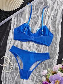 SHEIN 2件套女士蕾丝刺绣性感无钢圈文胸套装 - 藍色 - 查看 2