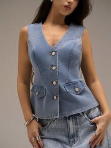 SHEIN Forever 21 全新 V 领无袖浅色水洗复古高街牛仔背心，女款，夏季 - 淺色水洗藍 - 查看 6