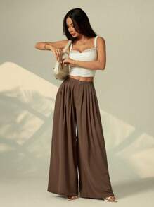 SHEIN PETITE Women's Casual Loose Solid Color Wide Leg Pleated Pocket Pants