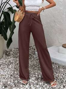 EURMUSE Women's Summer Solid Color Coffee Brown High Waist Drawstring Waist Linen Wide Leg Pants Home Casual - Brown - View 3