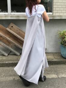 FRIFUL Váy dài đơn giản, dây rộng rãi cho nữ mùa hè, nhiều lớp - Xám - Xem 1