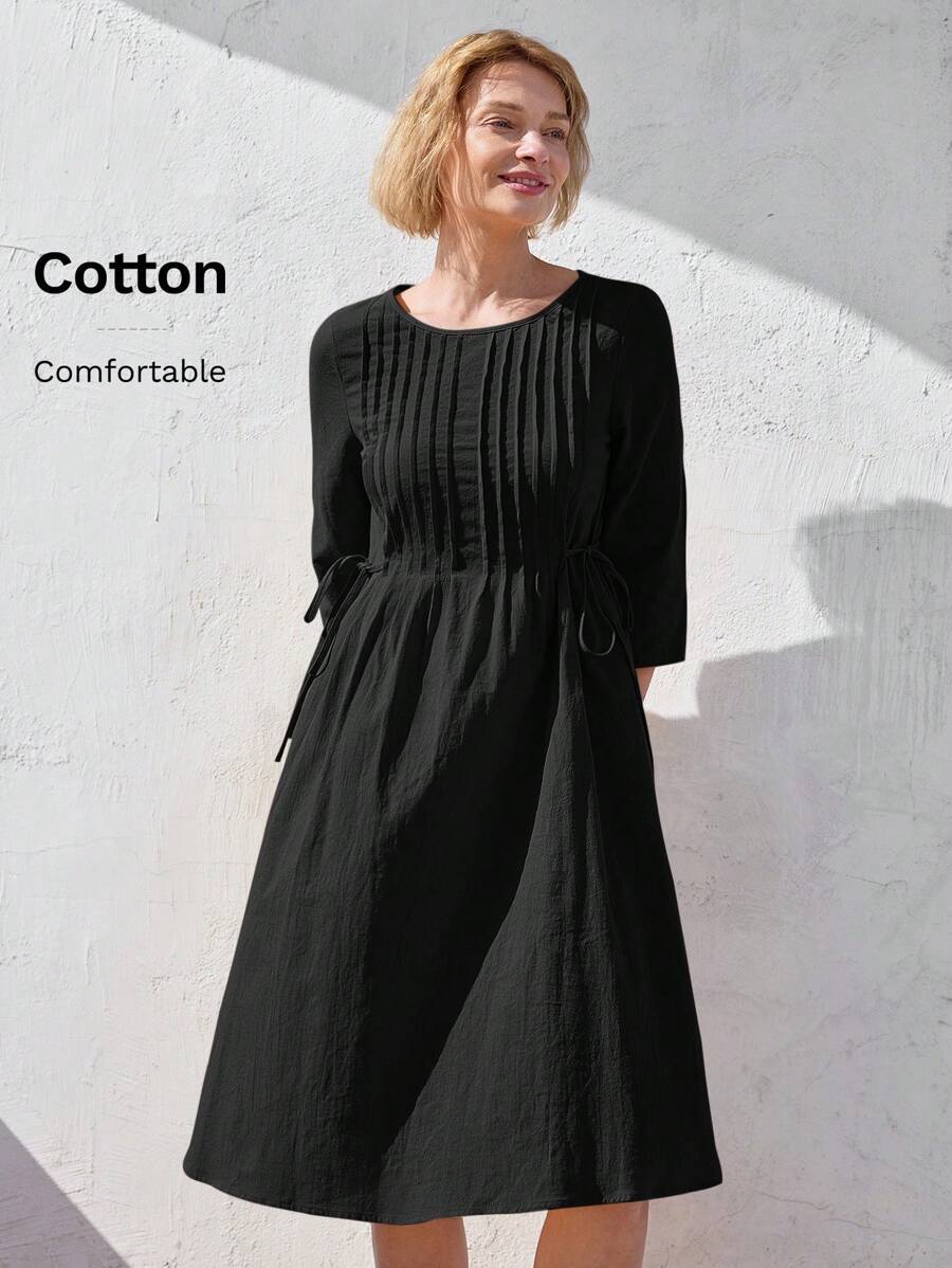 EMERY ROSE Spring/Summer Casual Loose Round Neck Mid-Length Sleeve Midi Dress With Stripe Detail For Women - Black - View 1
