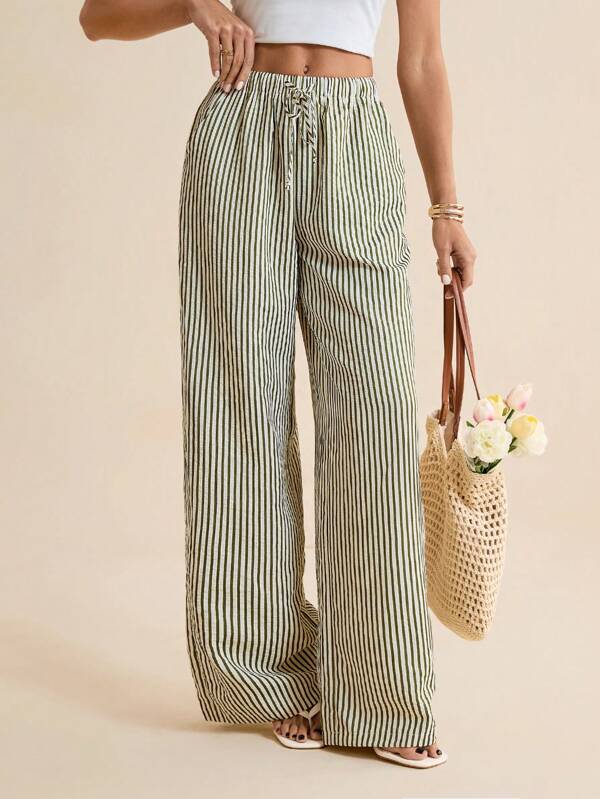 SHEIN Tall Pantaloni casual largi cu dungi și talie înaltă pentru femei