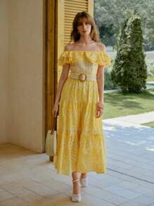 MOTF STUDIO SCHIFFY Off-Shoulder Kleid mit gestuftem Rüschensaum und ohne Gürtel - Gelb - Übersicht 6