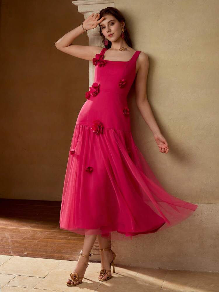 CONTRAST MESH STEREO FLOWER DRESS