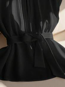 GlowEve Women's Sleeveless Solid Color Shirt With Belt, Minimalist And Fashionable, Suitable For Summer - Black - View 3