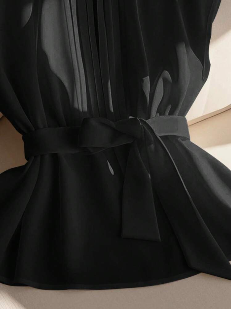 GlowEve Women's Sleeveless Solid Color Shirt With Belt, Minimalist And Fashionable, Suitable For Summer - Black - View 3