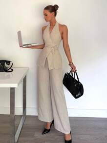 Siren Gaze Bộ 2 món áo vest sọc spaghetti có thắt lưng và quần ống đứng cho nữ, bộ vest, đồ công sở/đồ đi làm, quần áo giáo viên nữ, trang phục công sở cho nữ, quần áo làm việc cho nữ, trang phục giáo viên cho nữ, trang phục công sở thường ngày cho nữ - Màu be - Xem 3