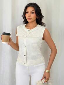 DAZY Women's Crew Neck Lace Trimmed Utility Regular Jacket, Summer Vest