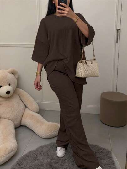 SHEIN 2pcs/Set Plus Size Women Solid Color Round Neck Drop Shoulder Top And Pants