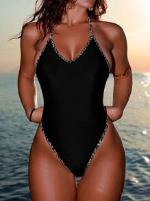 Swim SXY 女士性感、火辣、前卫豹纹随机露背设计带金属环连体泳衣或两件套，修身、青春洋溢，适合音乐节、泳池派对、春夏季 - 黑色 - 查看 8