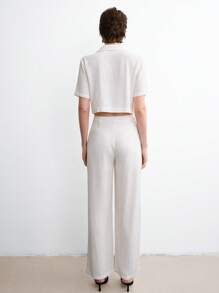 Aalyst Women's Spring And Summer Linen French Style Elegant Simple High-End Commute Office Casual Resort Lapel Button Two Pockets Short Sleeve Shirt + Straight Leg Pants Suit Set, 2 Pieces - White - View 2