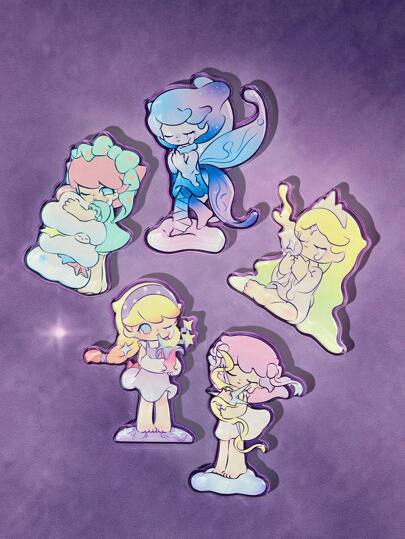 Pop Mart Azura X SHEIN 5 Pcs Cute Gradient Character Refrigerator Magnets, Good Decoration For Refrigerator, Suitable For Kitchen And Office Whiteboard