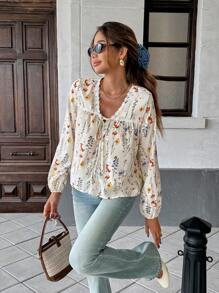 Pariaura Áo cánh tua rua hoa nhỏ nhắn cho nữ đi nghỉ mát thường ngày vào mùa hè - Màu be - Xem 2