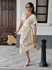 Pariaura Women's Casual Ditsy Floral Cinched Waist Waist Dress, Shirred Floral Mini Dress Women Summer Clothing