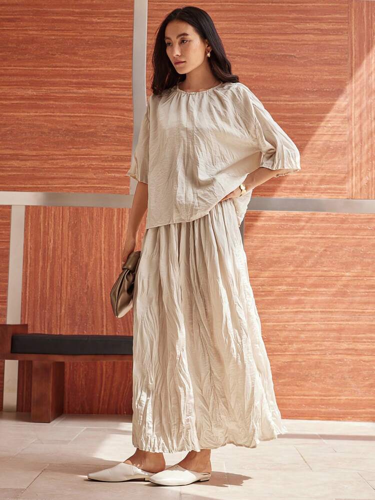 2pcs Women Casual Loose Linen Texture Solid Color Shirt And Skirt Set,Teacher Outfits