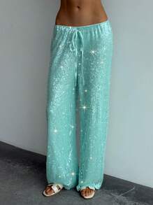 Aloruh Pantalones casuales y elegantes con cintura de cordón, parches brillantes y lentejuelas para mujer, ideales para vacaciones en la playa, estilo bohemio tropical, conciertos, festivales, country, Ibiza, Nashville, estilo occidental bohemio, streetwear tropical, Gyaru, verde menta, pantalones de lentejuelas frescos, otoño