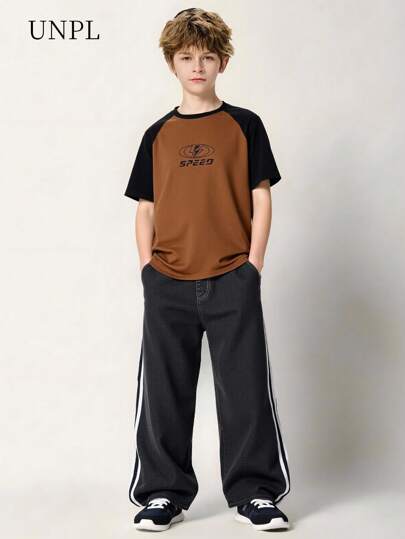 SHEIN Explorewe Tween Boy 休闲拼色短袖字母印花 T 恤，夏季