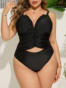 SHEIN Swim Curve Plus Size Women's Black Deep V-Neck Flounce Ruched Waist Drawstring One-Piece Swimwear, Classy Formal Summer Holiday Beach Evening Party Swimwear Set - Black - View 3