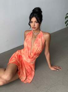 Aloruh Sexy & Elegant Orange Floral Print Asymmetrical Hem Mini Dress For Women - Orange - View 6