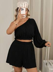 SHEIN VCAY Plus Size Solid Color Casual Vacation One-Shoulder Top And Shorts 2pcs Set - Black - View 3