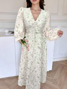 Modelyn Damen Frühlings-/Sommerkleid mit vollem Schmetterlings-Jacquard-Muster, V-Ausschnitt, Laternenärmeln und geraffter Taille