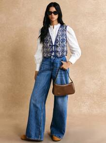 Poéselle Women's Vintage Floral Print Front Tie Camisole Vest