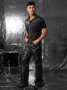 FeverCity Camisa corta de manga corta holgada con cuello polo y decoración de flecos para hombres FeverCity