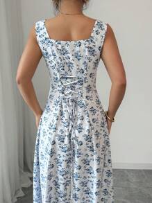 Rafferiza Square Neck Sleeveless Pastoral Style Long Women's Dress Female Beach Wear Women's Casual Dress