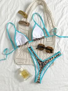 Swim Vcay Ropa de playa para mujeres en época de vacaciones de primavera, conjunto de top de tirantes con estampado aleatorio de guepardo y traje de baño de talle alto, conjunto de bikini sexy de 2 piezas - Multicolor - Ver 2