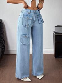 SHEIN ICON 女士纯色牛仔裤，夏季时尚 - 彩色 - 查看 4